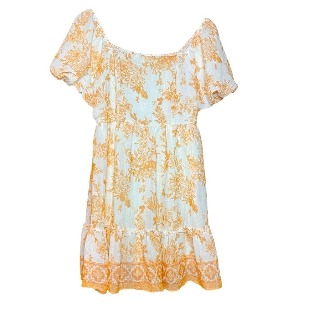 Blu pepper orange floral toile romantic tiered skirt, boho puff sleeve mini SZ-M